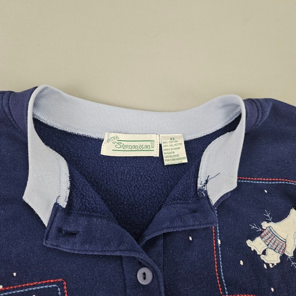 EXTRA SHENANIGANS | Polar Bear Winter Button Front Sweatshirt Navy Blue 3X VTG - Picture 6 of 14
